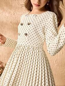 Vestido maxi plisado con cuello redondo, manga larga, cintura ceñida, estampado de lunares y botones de perlas falsas 3D para niñas preadolescentes, color albaricoque suave - Albaricoque - Ver 5