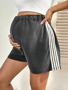 SHEIN 孕妇侧条纹印花可调节腰围休闲短裤 - 黑色 - 查看 3