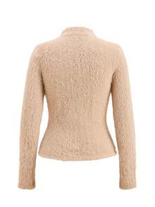 Ellevyn Conjunto de moda cómodo de top de manga larga con cuello alto de unicolor y minifalda de felpa, otoño/invierno - Caqui - Ver 2