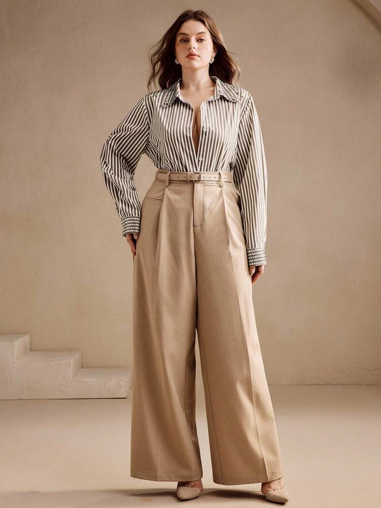 Plus Size Women Striped Shirt With Handmade Rhinestone Decor, Versatile For Commuting And Daily Wear