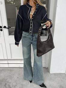 Siren Gaze Women's Contrast Color Trim Long Sleeve Shirt, Cotton Blouse With Stand Collar, Autumn Winter Black Western Blouses Casual Spring - Black - View 3