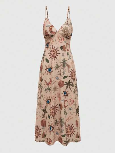 Hippie Längeres Strandkleid für Damen im Sommer mit Spaghettiträgern und Palmen-Print