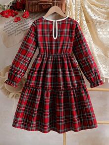 SHEIN Girls' Vintage Red And White Plaid Dress,Long Sleeve Ruffle Trim Bow Decor Waist Cinched Patchwork Elegant Wedding Guest Dress For Autumn,Christmas - Burgundy - View 2