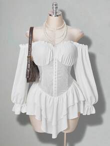 SHEIN ICON 大码女式喇叭袖白色迷你连衣裙 - 白色 - 查看 4