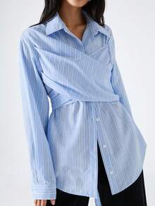 LYSMO 2025新款极简主义冬季女装时尚休闲条纹印花纽扣衬衫，适合圣诞节、新年、感恩节、毕业季等场合，时尚女式衬衫，优雅女式上衣，时尚系列 - 淺藍色 - 查看 7