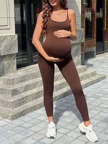 SHEIN Maternity Solid Color Camisole Jumpsuit - Brown - View 5