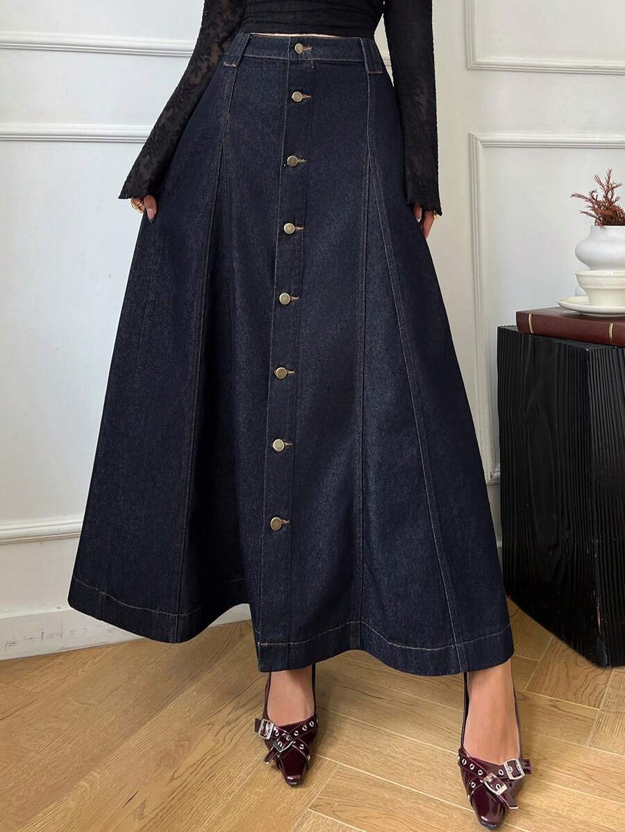 DAZY Women's High Waist Pleated Casual Denim Skirt, Winter - Dark Wash - View 1