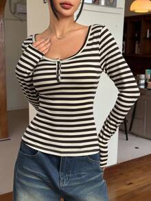 SHEIN EZwear 女士新款棕色条纹半拉链 T 恤 - 棕色 - 查看 5