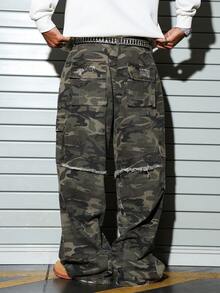 Manfinity EMRG 4-Pocket Camouflage Distressed Loose Straight Leg Pants, All Season - Army Green - View 2