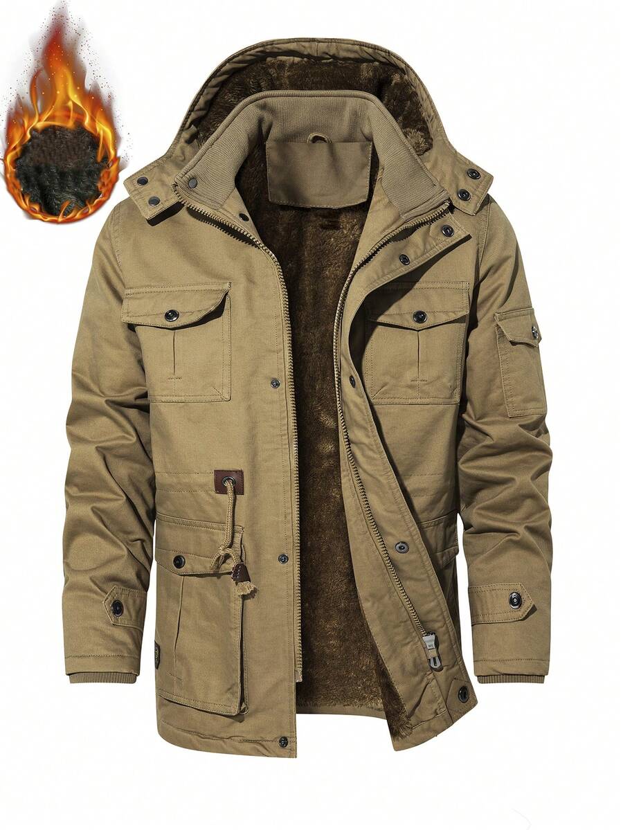 Manfinity Homme Loose Men Long Sleeve Flap Pocket Drawstring Waist Hooded Winter Coat, Tactical Cargo Coat, Old Money Style, For Fall - Khaki - View 1