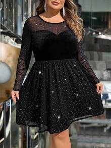 SHEIN CURVE+ 大码女式露肩宽松袖串珠黑色连衣裙 - 黑色 - 查看 3