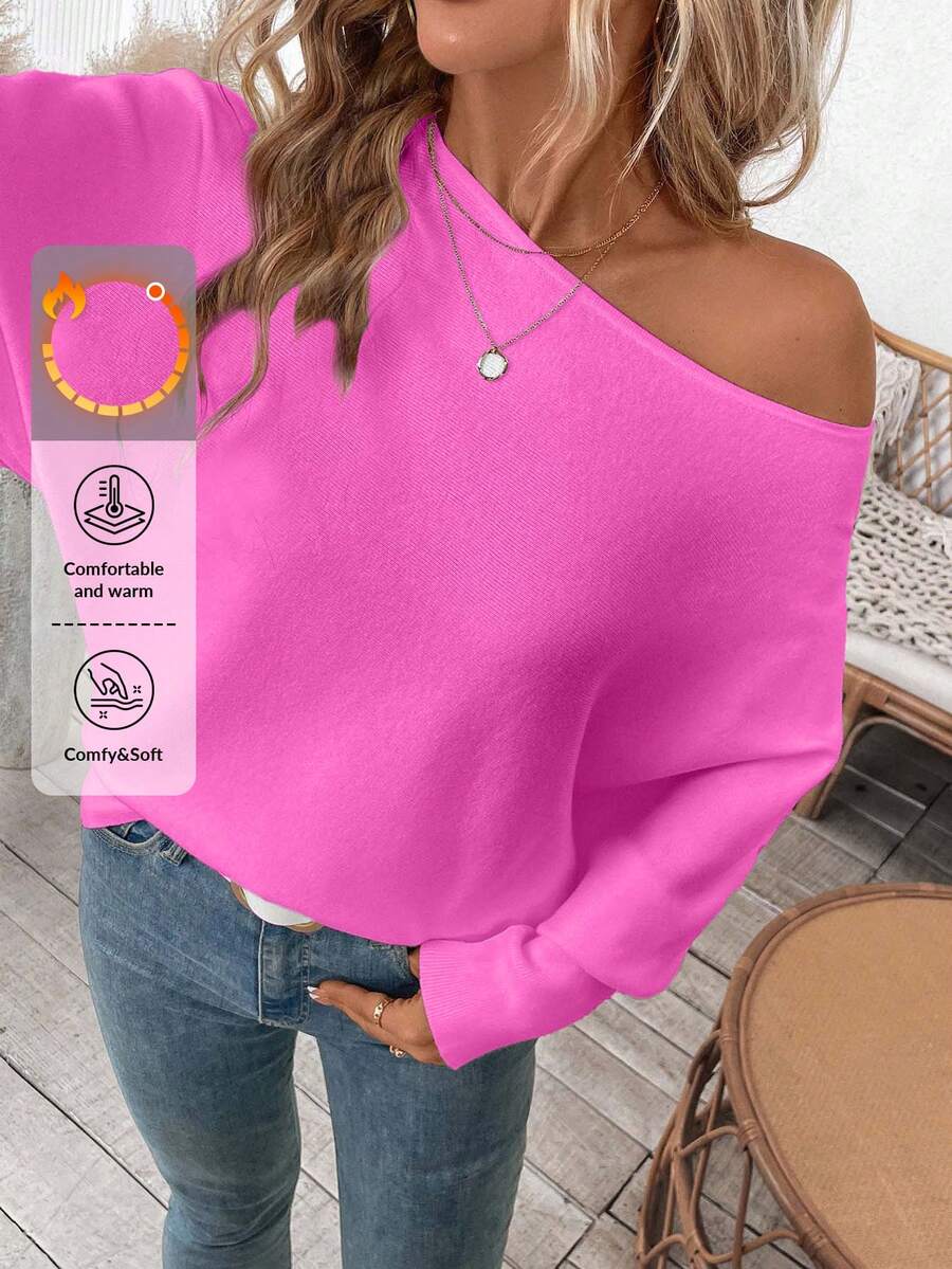 SHEIN Plus Size Women's Casual Off-Shoulder Batwing Sleeve Solid Color Knit Sweater, Loose Pullover Top For Autumn/Winter - Baby Pink - View 1