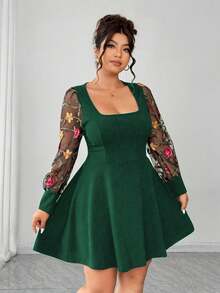 Elenzga Đầm dài tay dáng xòe, cổ vuông, màu trơn, chất liệu lưới phối họa tiết thêu, dành cho nữ cỡ lớn, thích hợp cho Ngày Valentine. - Màu xanh lá cây đậm - Xem 4