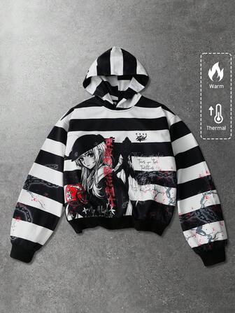 بلوزة هوديي مخططة بطبعة كرتونية لزهر الكرز بطراز الشارع الأمريكي للرجال في فصلي الخريف والشتاء