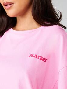 Missguided x Playboy Oversized Graphic Heart Print Short Sleeve Crew Neck Cotton Casual Statement Tee Shirt - Pink - View 5