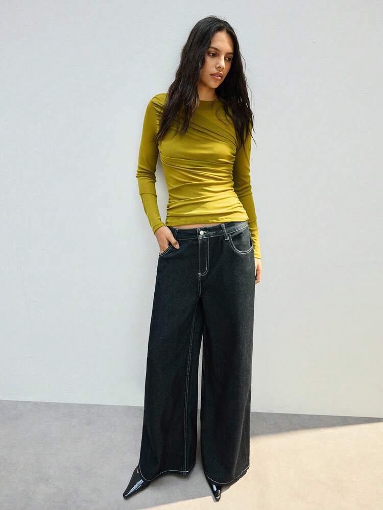 SHEIN Maija Women's Solid Color Asymmetric Design Versatile Modern Urban Crew Neck Long Sleeve Top, Suitable For Commuting, Office, Business Casual, Party, Dating, Elegant Fitted Tops Women Mustard Top Yellow Top Women Yellow Tops