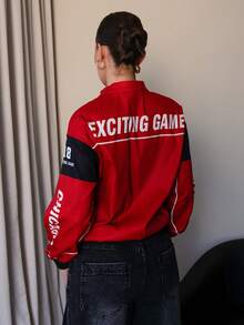 Bris Aura Chaqueta tipo bomber con estampado de letras y contraste de colores y hombros caídos para ropa de Año Nuevo - Rojo - Ver 2