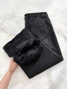 SHEIN Quần jean denim màu xám cơ bản cho bé gái tuổi teen, dáng rộng, lót giữ nhiệt, giữ ấm mùa thu/đông, quần jean cạp cao dáng suông đa năng, quần jean ống rộng phong cách Y2K, phù hợp cho giáo viên, đi học, đi nhà thờ, công sở, quần jean cargo, quần ống rộng mùa thu đông, quần jean denim ống rộng cạp cao, phong cách đường phố, quần mùa đông, quần jean lông cừu, quần jean ấm áp, quần jean đen, quần jean lót giữ nhiệt, quần jean dáng rộng, quần jean thùng thình - màu đen - Xem 2