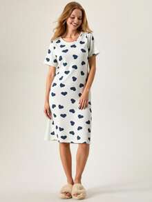 Loomlin Women Striped With Contrast Colour Heart Pattern Short Sleeve Homewear Sleep Dreess - Multicolor - View 3