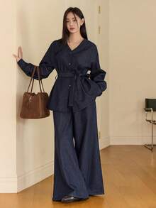 Dazy-Less 女士休闲纯色纽扣牛仔上衣和阔腿牛仔裤套装，秋季商务休闲女装 - 藍色 - 查看 4