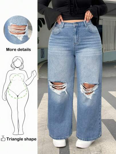 Truni Jeans rectos minimalistas y desgastados de talla grande __theloveshegives, adecuados para uso diario, para otoño/invierno, para silueta de Body en forma de pera