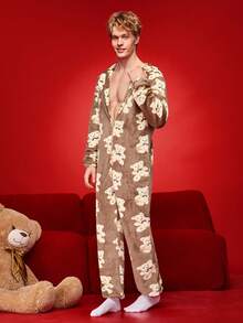 Autumn/Winter Plush Cute Bear Men's Fluffy Sleep Jumpsuit - Multicolor - View 6