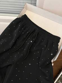 GlowEve Long Black Knitted Straight Leg And Fleece Sweatpants Rhinestone Sweatpants For Women Casual Style - Black - View 6