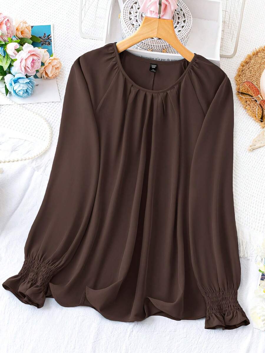 Plus Size Casual Solid Color Long Sleeve Shirt, Autumn Fall - Brown - View 1