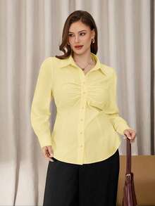 Auralis Plus Size Ruched Front Button Long Sleeve Shirt,Office Lady Elegant Yellow Autumn Everyday Blouse,Versatile Basic Spring Women Blouse For Work - Yellow - View 6