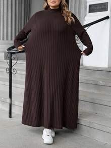 SHEIN CURVE+ Váy len dệt kim dáng chữ A dài tay cổ lọ gân cỡ lớn dành cho nữ, mùa thu/đông - màu nâu - Xem 5