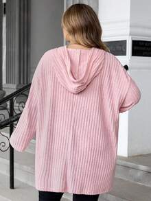 SHEIN CURVE+ Áo thun chui đầu họa tiết gân có mũ trùm đầu nửa khóa kéo cỡ lớn dành cho nữ, mùa thu/đông - Màu Hồng baby - Xem 2
