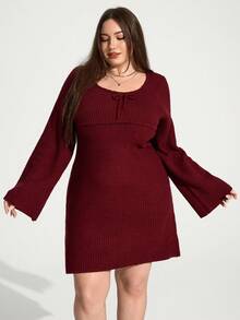 Enliva Plus Size Women's Woolen Dress,Flared Long Sleeve Mini,Burgundy,Autumn,Elegant,Everyday Fall/Winter Valentine's Day Gift Romance New Year Outfit 2026 - Burgundy - View 6
