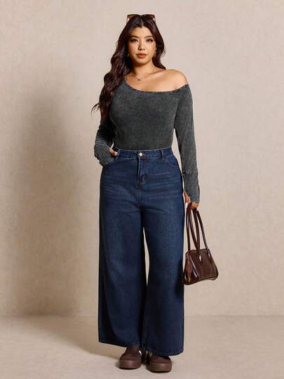 Elaquor 大码女式罗纹不对称肩部铆钉连体衣