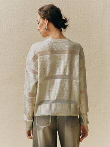 Arave Women's Chenille Fabric, Dropped Shoulder Loose Fit, Patchwork Design, Gold And Silver Plating, Casual Everyday Sweater     Sweater - Apricot - View 5