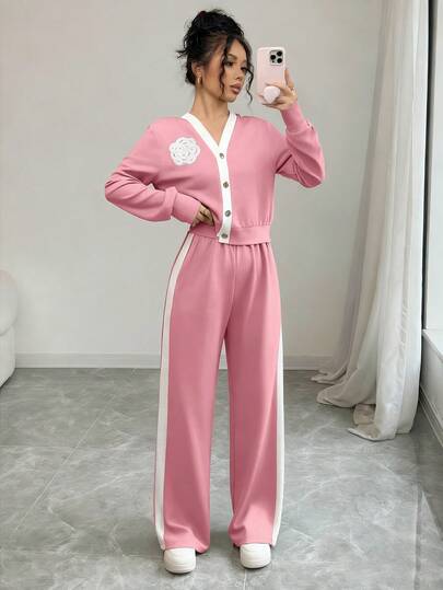 Selianne Conjunto casual de 2 piezas de mujer con cárdigan de manga larga y pantalones con estampado de flor de camelia