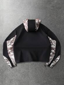 ROMWE MEN Men's Jacket And Coat, Street American Style Camouflage Patchwork Hooded Jacket Outerwear - Black - View 2