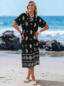 Sylviya 女士休闲宽松V领短袖腰果印花中长连衣裙，适合度假 - 黑色 - 查看 4