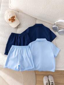 SHEIN 4件套男童休闲学院风蓝白撞色动物纹针织Polo衫短袖开衫和松紧腰短裤，适合度假、外出、居家、上学等场合。 - 彩色 - 查看 2