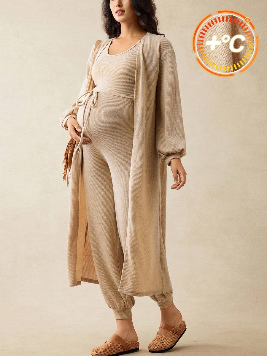 SHEIN Maternity Lantern Sleeve Long Jacket, Cropped Tank Top And Jogger Pants Casual 3-Piece Set, Autumn  Beach Set - Apricot - View 1