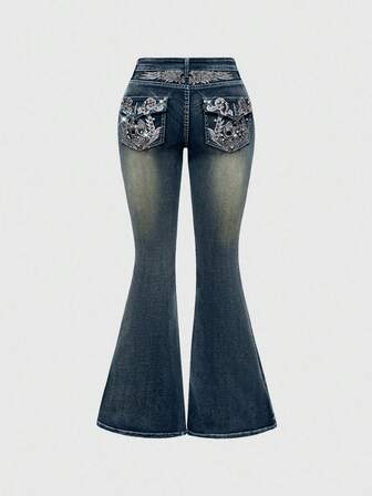 Fairycore Damen Y2K Vintage Jeans mit Skelett-Flügel Stickerei und Strass