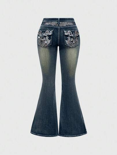 Fairycore Women's Y2K Vintage Skeleton Wing Embroidered Rhinestone Flare Jeans