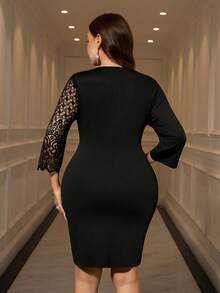 Reflora 大码优雅派对蕾丝拼布裹身裙 - 黑色 - 查看 3