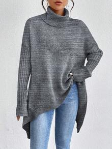 SHEIN LUNE 纯色高领休闲百搭长袖套头毛衣 - 深灰色 - 查看 4