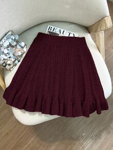 GlowEve Women's Autumn New Solid Color Rope Floral Pattern Classic Design Casual Girly Everyday Versatile Loose Hem Knit Sweater Skirt - Red Violet - View 4