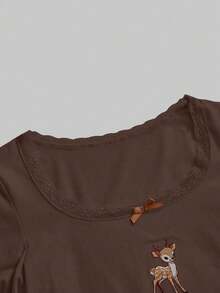 ROMWE J-Fashion Cute Deer Embroidered Lace Blouse Paired With Deer Print Flare Pants, Autumn/Winter