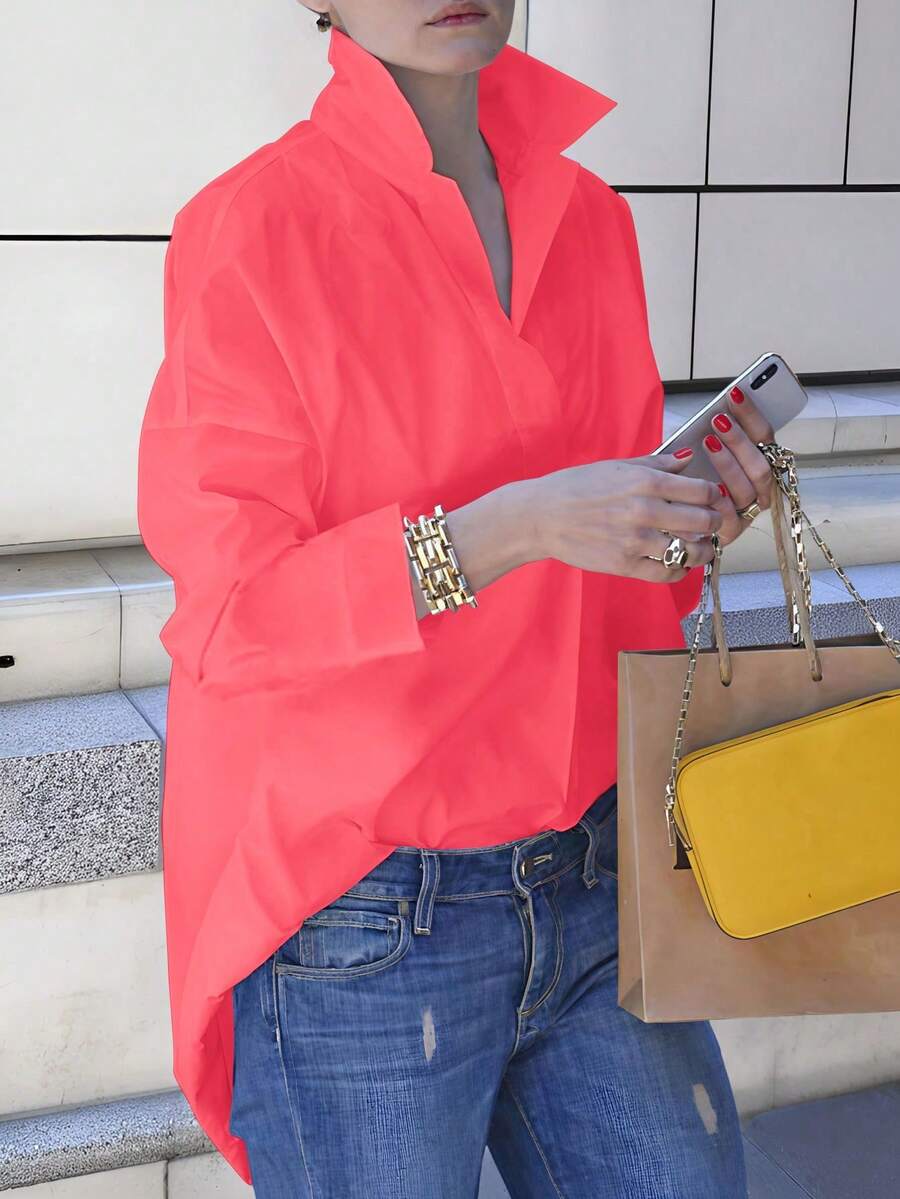 SHEIN LUNE Camisa de manga larga informal holgada con botones frontales de unicolor para mujer - Rosa - Ver 1