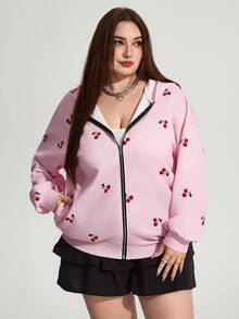 Enliva Moletom feminino plus size folgado, estampa de flor de cerejeira, volta às aulas, moletons, com capuz, blocos de cores, frutas e vegetais, poá, roupas de outono para mulheres, inverno, CURVE PLUS - Rosa - Ver 2