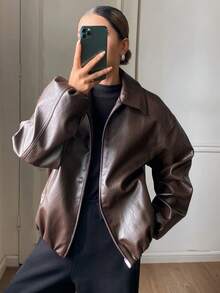 DAZY Chaqueta de cuero con cremallera estilo retro americano, abrigo de cuero versátil de corte holgado para mujer - Marrón - Ver 3