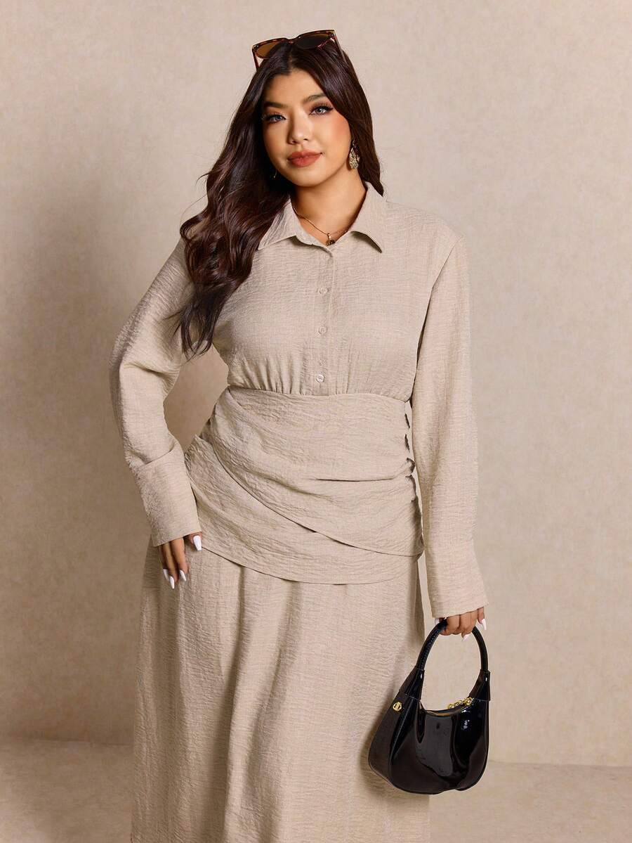 Elaquor Vestido Camisa Longo de Cor Sólida Elegante para Mulheres Plus Size para Uso Diário - Damasco - Visão 1