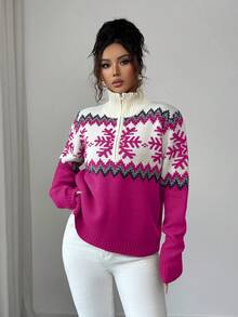 SHEIN Elenzya Elegant Women Sweater, Fair Isle Pattern, Colorblock Zip-Up Sweater, Christmas Pattern, Autumn/Winter Sweater - Hot Pink - View 3